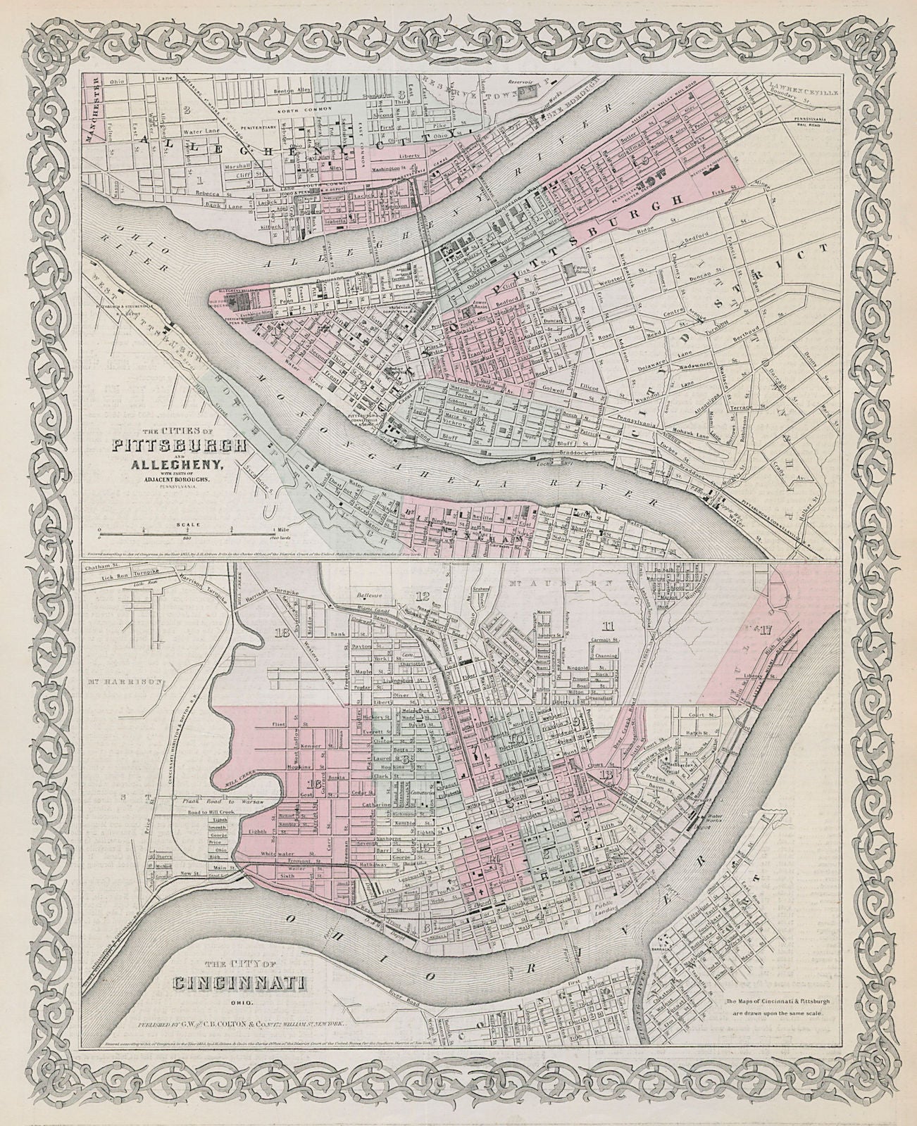 Pittsburgh/Allegheny, Pennsylvania. Cincinnati, Ohio city plans COLTON 1869 map